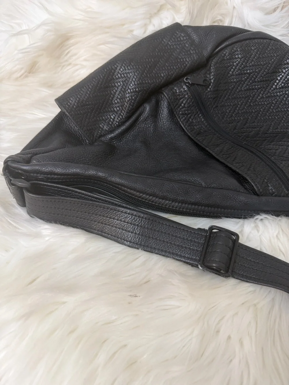 Black Textured Leather Sling Backpack for Men